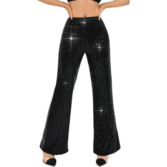 Women High Waist Sparkling Pants Wide Leg Flared Trousers Sequin Bling Party Slacks Glitter Night Out Pants Clubwear