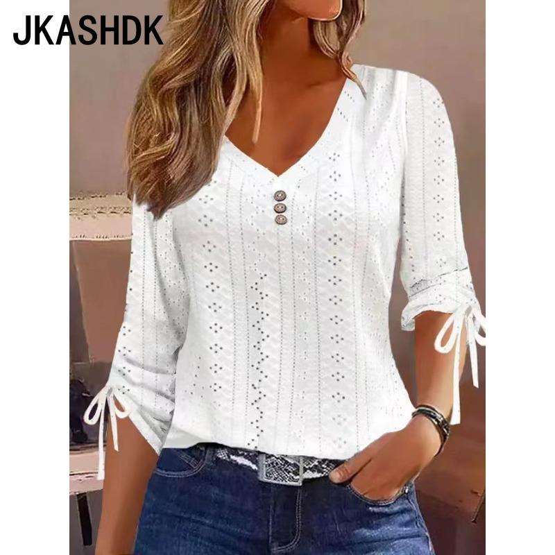 JKASHDK Women's Fashion Casual Spring Fall Solid Color Print 3/4 Sleeves V-Neck Blouses & Shirts
