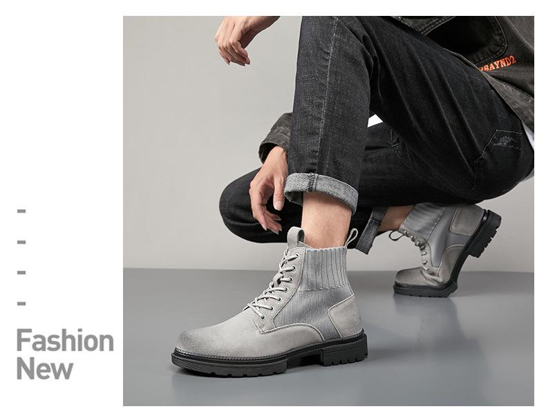 Men's Trendy British-Style Genuine Leather Lace-Up Martin Boots, Thick Sole, High Top, Elastic Design, Suitable for Outdoor Hiking.