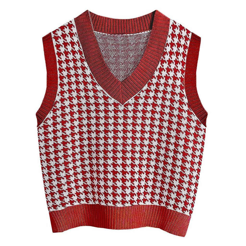 Women's Casual V-Neck Pullover Shirt Collision Color Sleeveless Sweater Vest
