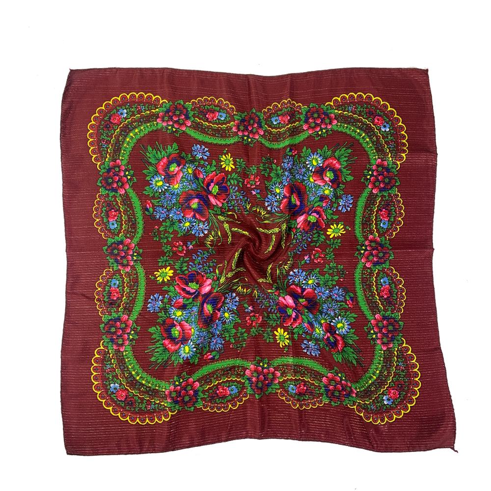 70 см Золотая нить Цветочный принт Русский платок Украинский шаль Бабушка Квадратный бандана Женский головной платок