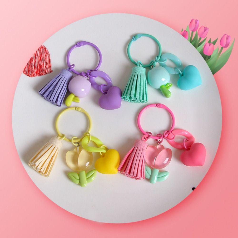 With Tassel Sweet Resin Tulip Keyring Young Girl's Heart Tulip Flower Keychain Pendant   Girls