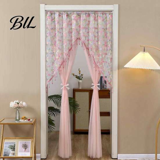 Embroidered Gauze Room Divider Sheer Floral Door Curtain with Beads, Lace Translucent Privacy Panel Divider, Rod Pocket Doorway for Bedroom