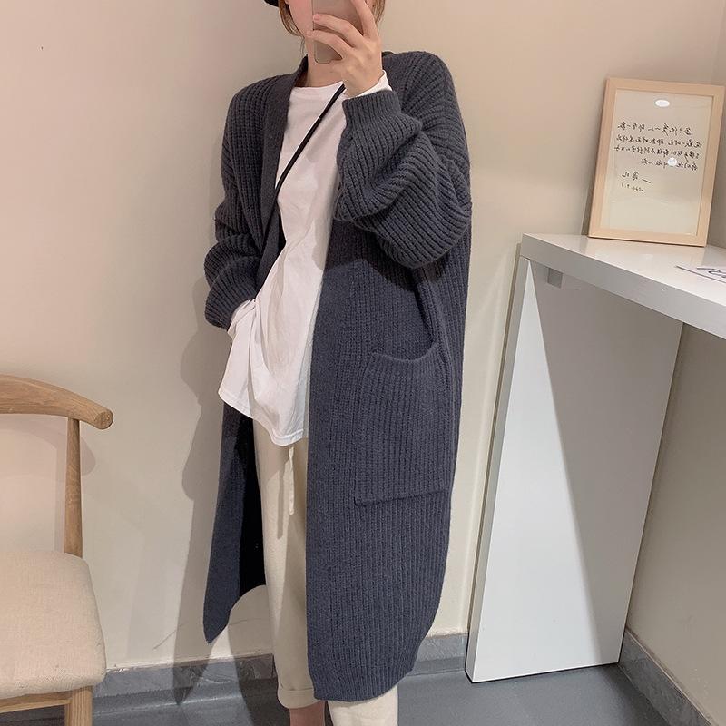 Темпераментный универсальный длинный рукав в ленивом стиле, удобный грубый свитер, свитер выше колена, осенний кардиган средней длины с большим карманом, женская одежда