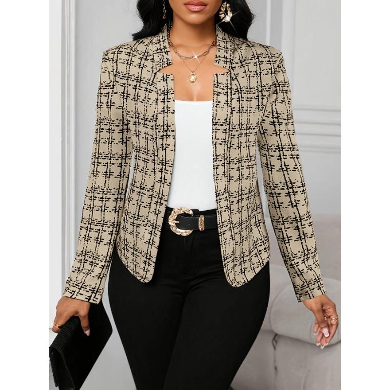 Women's Lightweight Plaid Long Sleeve Jacket - Stylish Open Front Outerwear for Spring & Fall, Black & White Houndstooth Pattern,