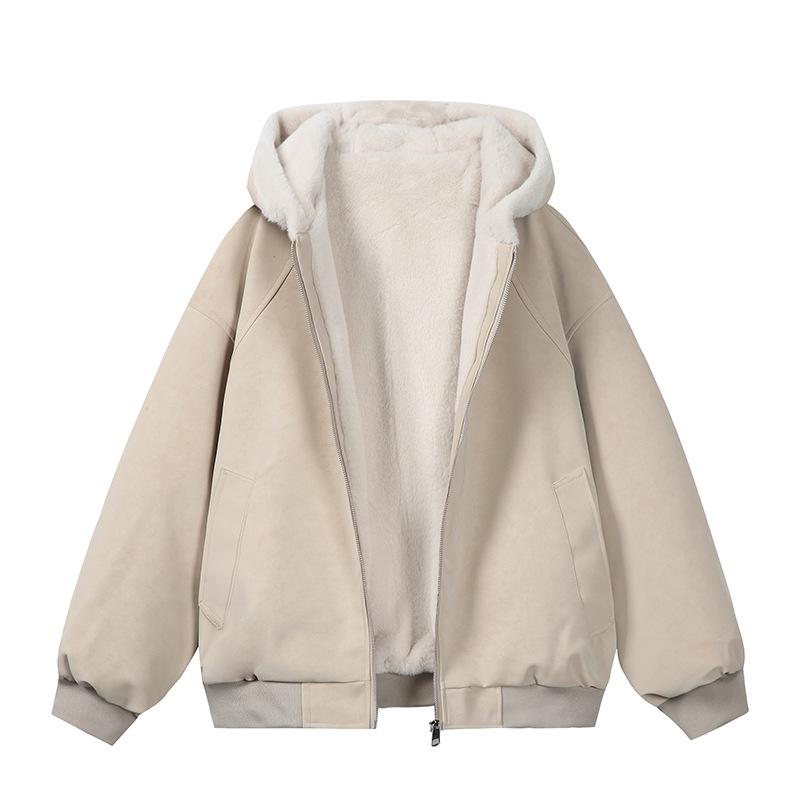 Зимняя кожаная куртка Zuo Shan Diao с меховым воротником - Парный стиль, Плюшевый велюр, Уплотненный хлопок, Узор личи