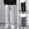 Fall Spring Men Pants Drawstring Elastic Waist Solid Color Multi Pockets Loose Plus Size Straight Wide