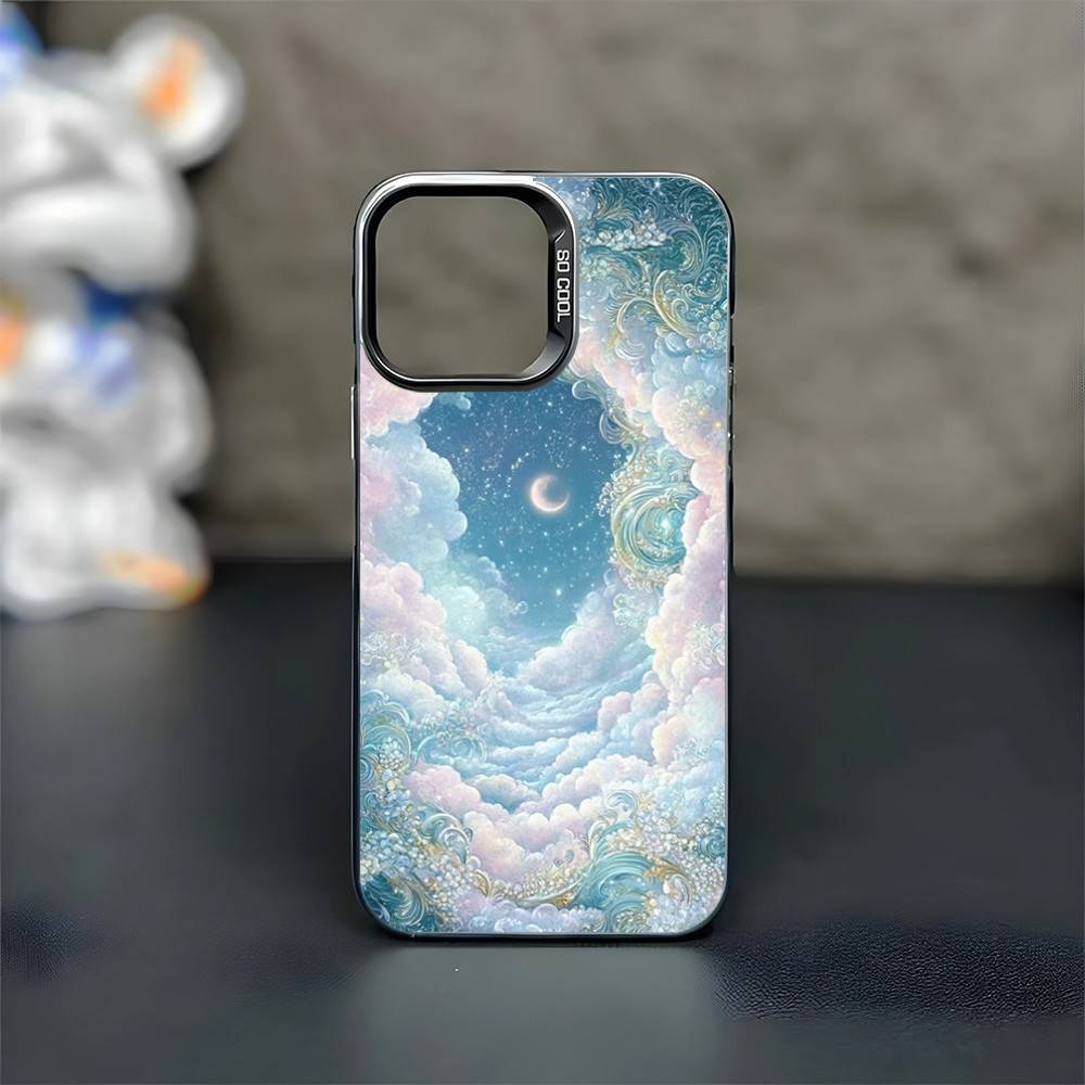 Золотые звезды луна Туманность Розовый Чехол для телефона Для iPhone17,16,15,14,13,12,11 Plus,Pro Max Черный Матовый Ударопрочный Чехол