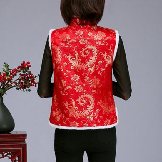 Женский зимний жилет в китайском новогоднем стиле с воротником-стойкой и защитой шеи без рукавов, однобортный с принтом, утолщенный, праздничный, теплый, весенний фестиваль