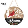 Wooden Hanging Decor for Home Round 2D Welcome Sign, Farmhouse Christmas Door Hanger with Rope, Deer Decorative Board Hemp Rope Tree Bird Wall Plaque