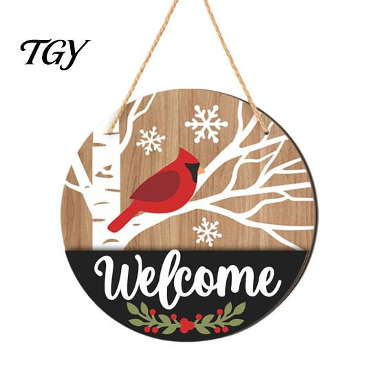 Wooden Hanging Decor for Home Round 2D Welcome Sign, Farmhouse Christmas Door Hanger with Rope, Deer Decorative Board Hemp Rope Tree Bird Wall Plaque