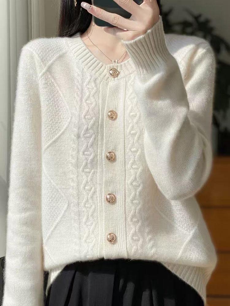 Women's Autumn/Winter Thick Wool Cable Knit Cardigan - Round Neck, Long Sleeve, Double-Strand, Lazy Style.