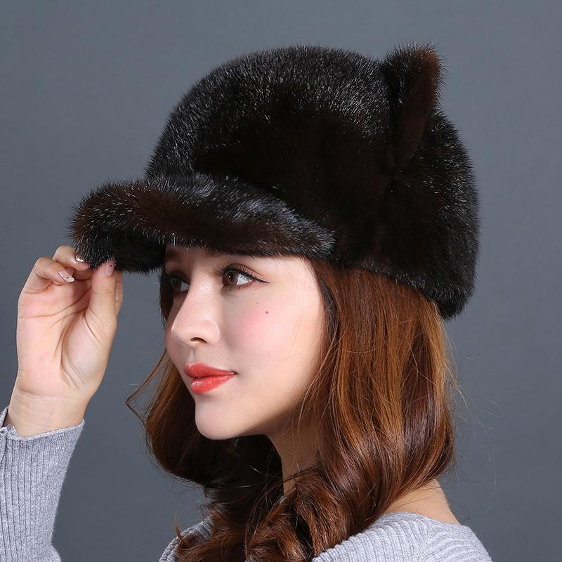 Новая женская норковая шапка с милыми кошачьими ушками (Хлеб в форме кошачьих ушей, приготовленный на пару) Норковая кожаная шапка Зимняя теплая меховая шапка
