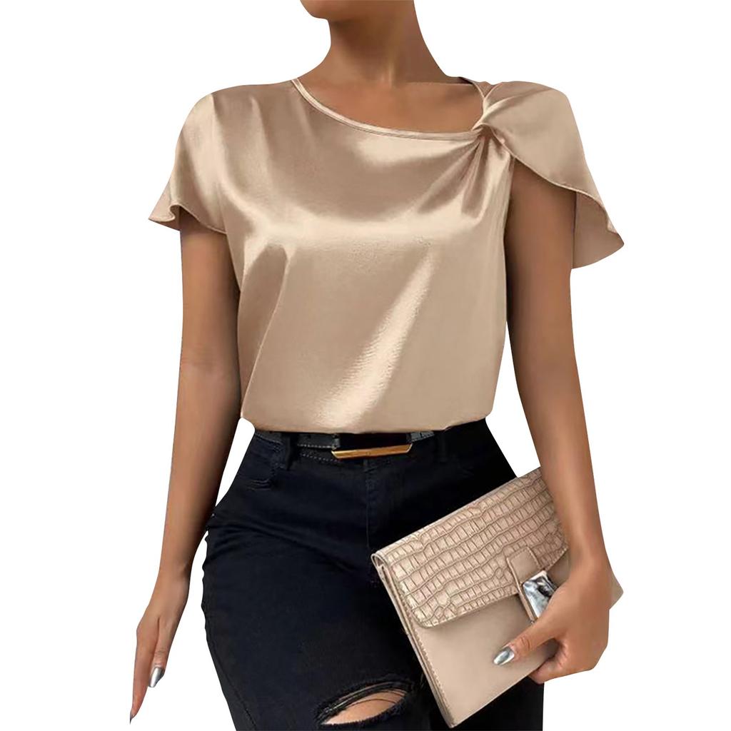 Женская повседневная элегантная атласная плиссированная однотонная свободная верхняя рубашка с баской, женская рубашка с асимметричным воротником и деталями