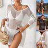 Summer Hollow Out Cover Up Dress Women See Through V Neck Slit Mini Dresses Vacation Long Sleeve Sexy Beach Knit Party Dress
