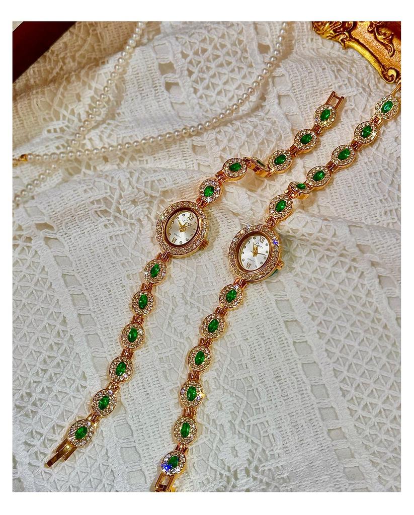 LSVTR Женские винтажные модные овальные часы класса люкс с радужным светом и красным и зеленым драгоценным камнем