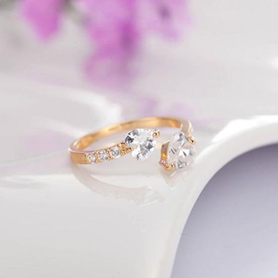 Women's Double Love Heart Open Ring Shiny Zircon Copper Wedding Bridal Jewelry