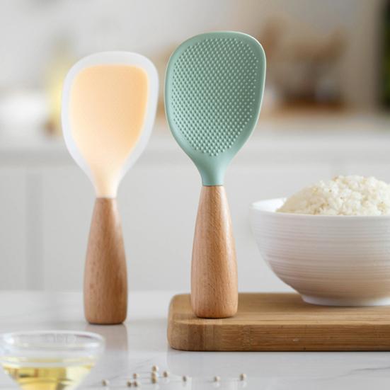 Rice Shovel with Wooden Handle Rice Non-Stick Silicone Scoop for Home