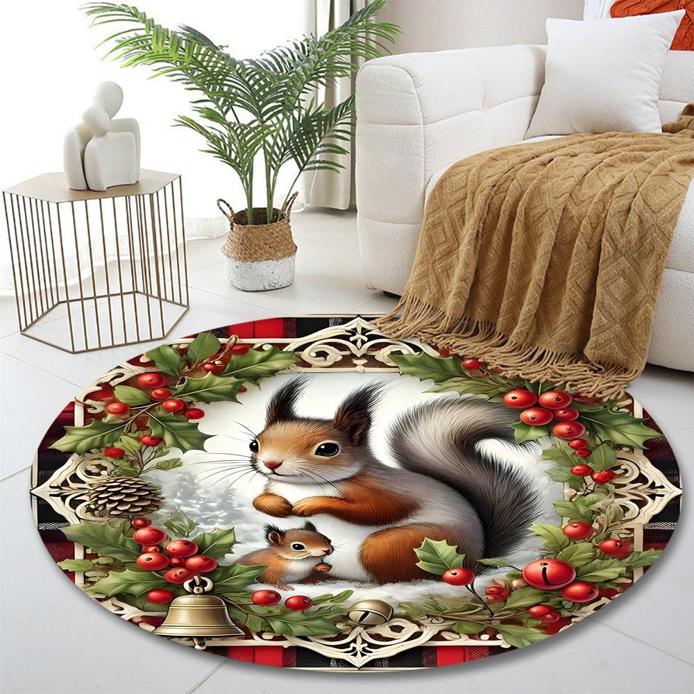 Christmas Squirrels with Holly Wreath Print round rug, living room, bedroom, playroom carpet, non slip floor mat, gift
