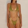 2 шт./комплект женский комплект бикини бюстгальтер на бретельках со шнуровкой трусы комплект металлическое соединение однотонный пляжный стиль купальники