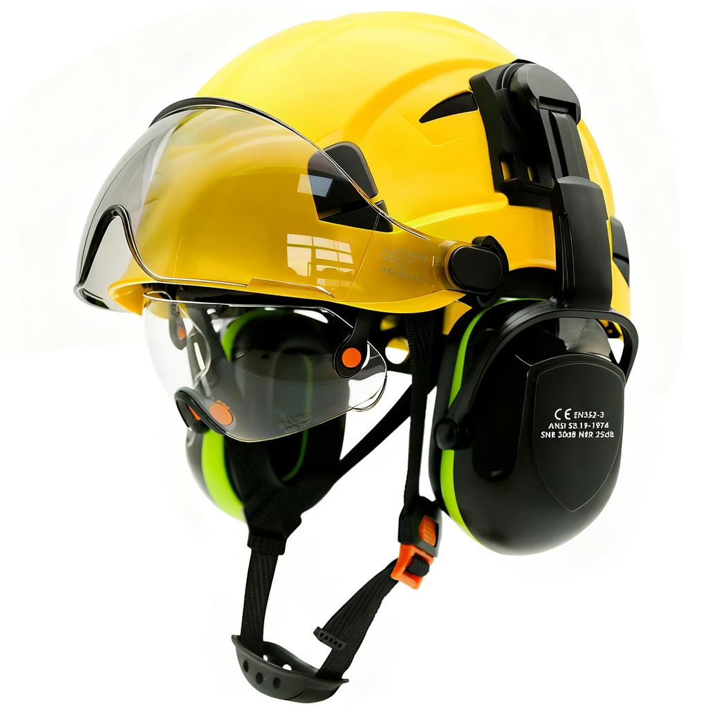 Safety Helmet With Visors Built In Goggles Contrast Color Earmuff Noise Reduction for Engineer Hard Hat ANSI Industrial Work Cap