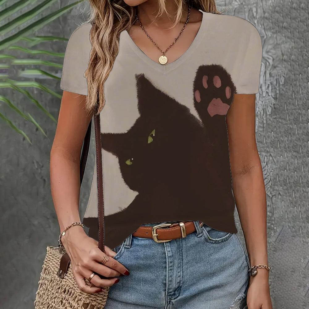 Футболка с рисунком кошки, женская одежда, модный топ с V-образным вырезом, летняя, новая, свободная, с коротким рукавом, повседневная, элегантная женская футболка