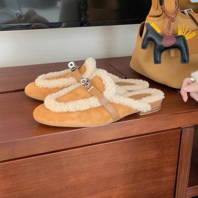 Слинг~ Виноградная мать, тот же мешок голова ягненок мех интегрированный острый круглый носок замок пух Мюли половина тапочки женские осень и зима