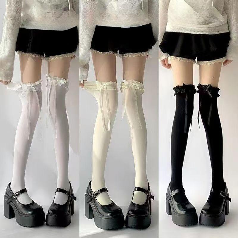 White Thin Sheer Ruffle-edge Lace Long Socks Women JK Girl Sweet Thigh High Stockings Lolita Nylon OverKnee Cute Bowknot Hosiery