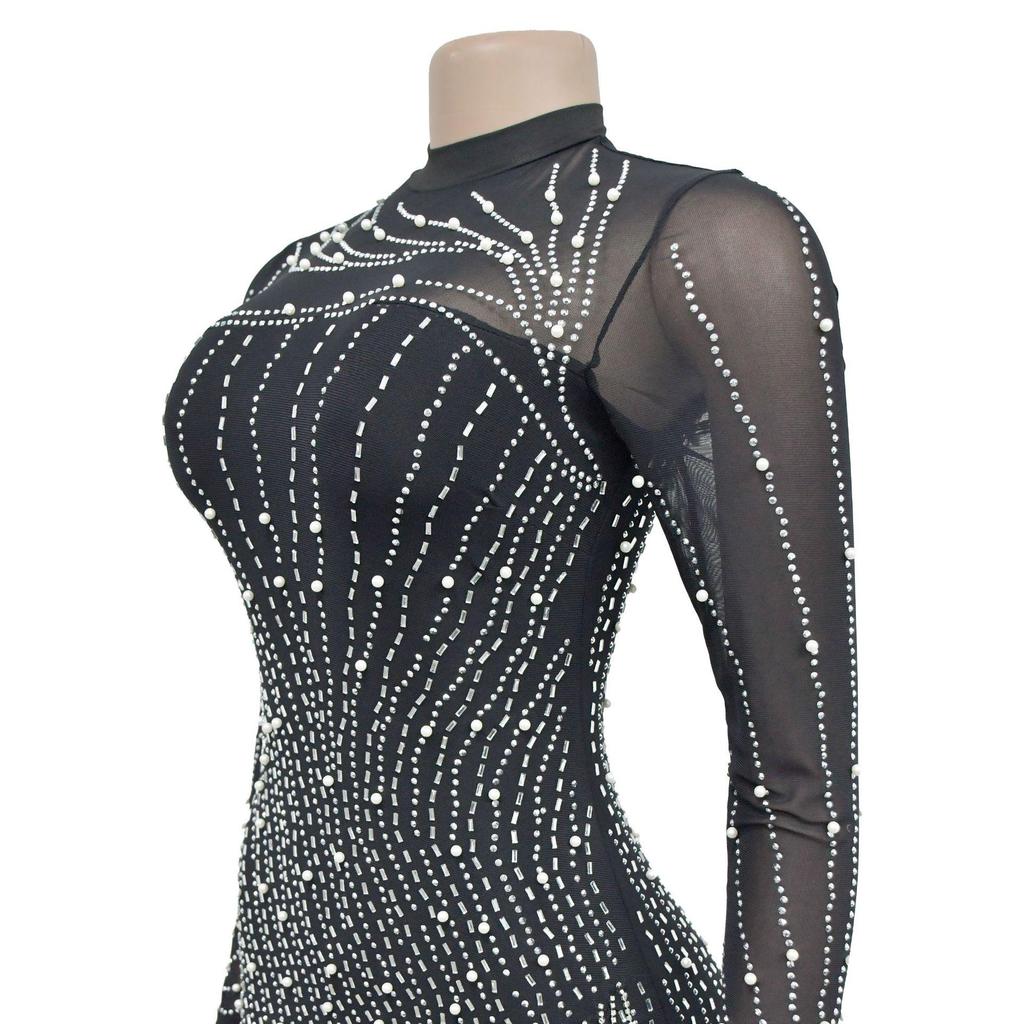 Европейская и американская мода Женское платье с длинным рукавом из сетки с бисерной короткой юбкой