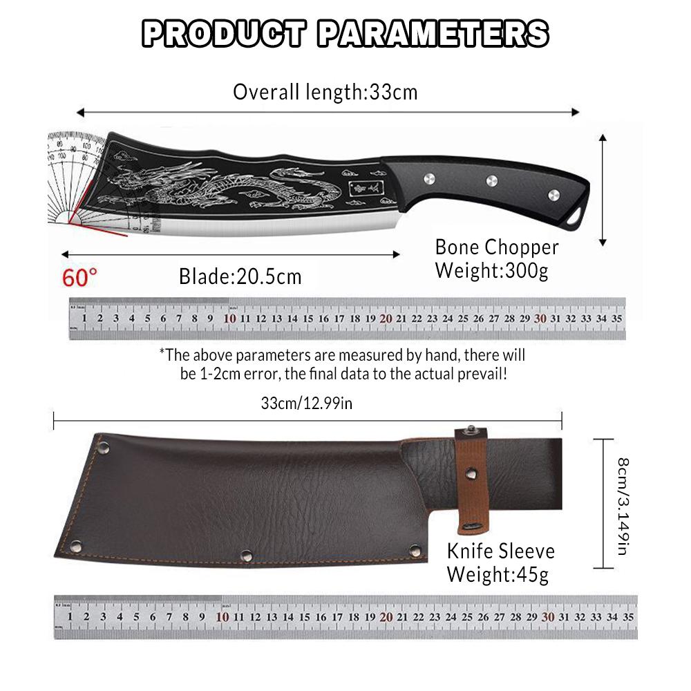 Dragon Cleaver Knife Heavy-Duty Bone Chopper with Leather Sheath,Ultra-Sharp Stainless Steel Chinese Dragon Meat Cleaver
