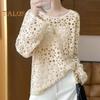 Women Pullover Cover Up Round Neck Long Sleeve Hollow Knitting Tops Solid Color Crochet Sunscreen Tops