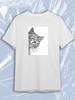 TeeSensation White Crew Neck Short Sleeve T-Shirt with Black White Ornate Cat Half Face Zentangle Print
