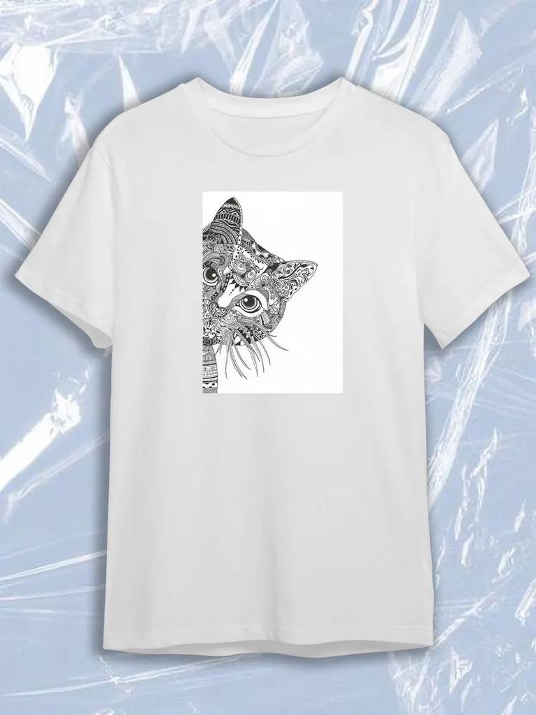TeeSensation White Crew Neck Short Sleeve T-Shirt with Black White Ornate Cat Half Face Zentangle Print