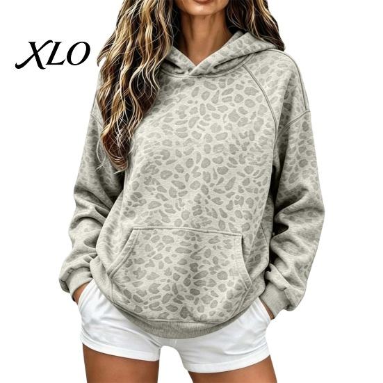Long Sleeve Casual Tops Women Leopard Print Hoodie, Oversized Drop Shoulder Hooded Sweatshirt with Pocket, Daily Hoodie Pockets Loose Pullover Top for