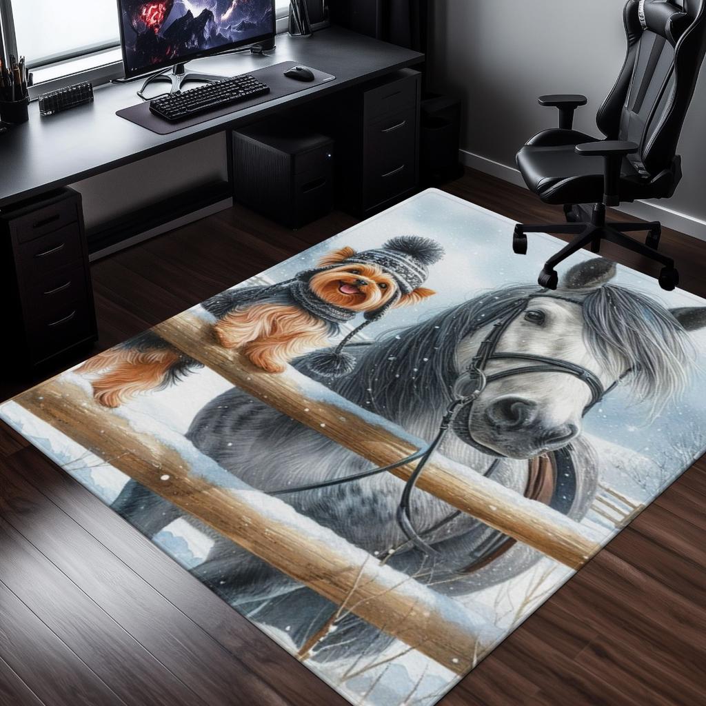 Horse and Dog Winter Scene Rug Pet Lover Artistic Floor Mat Cozy Living Room Decor Animal Theme Soft Plush Carpet