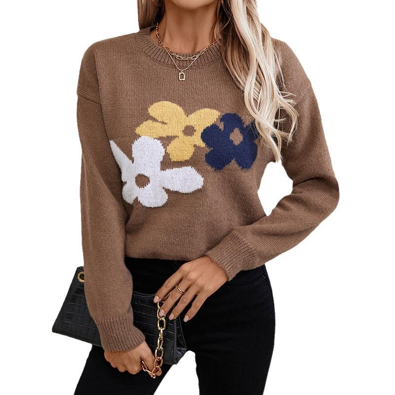 Женский свитер-пуловер с круглым вырезом, свободный вязаный свитер с цветочным узором на осень и зиму