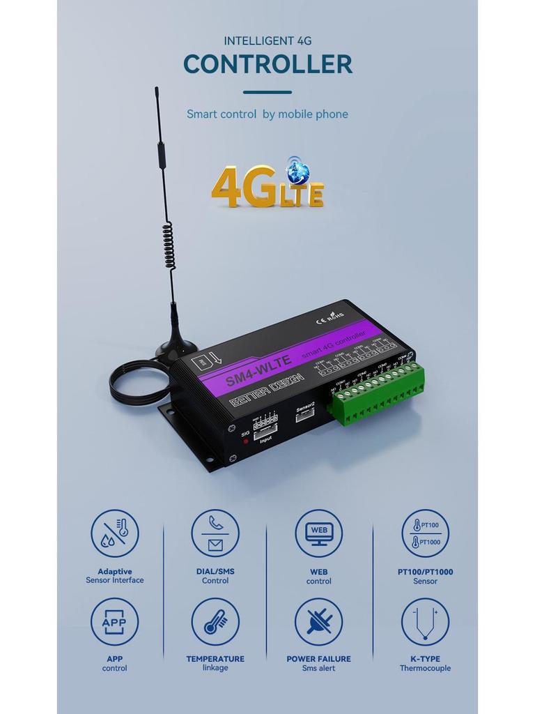 SM4-WLTE-EA 4G 4-канальный термопарный PT100 SMS-сигнализатор отключения питания