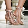 Peep Toe Grainy Sequined Sandals Drag Queen Summer Ankle Boots High Heels Jaz Latin Dance Shoes Patchwork Mesh Bandage Stiletto