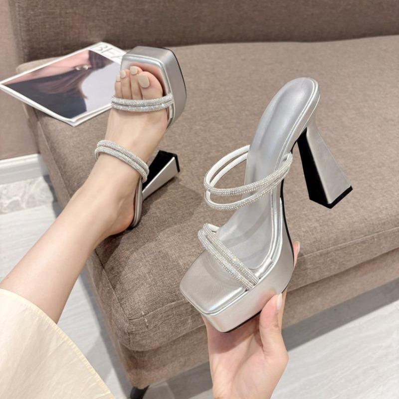 Женские босоножки с кристаллами, квадратный носок, высокие каблуки, туфли на платформе, массивные туфли, новые летние туфли-лодочки с открытой пяткой, женские босоножки Mujer