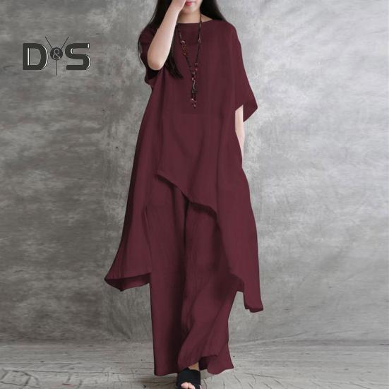 2Pcs/Set Cotton Linen Tops Pants Set O-neck Half Sleeve Irregular Hem Tops High Waist Long Pants Set Solid Color Casual Outfit