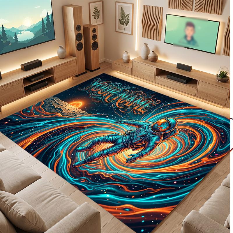 Astronaut Space Theme Soft Crystal Velvet Rug Custom Name & Text Print Non Slip Floor Rug for Bedroom Living Room