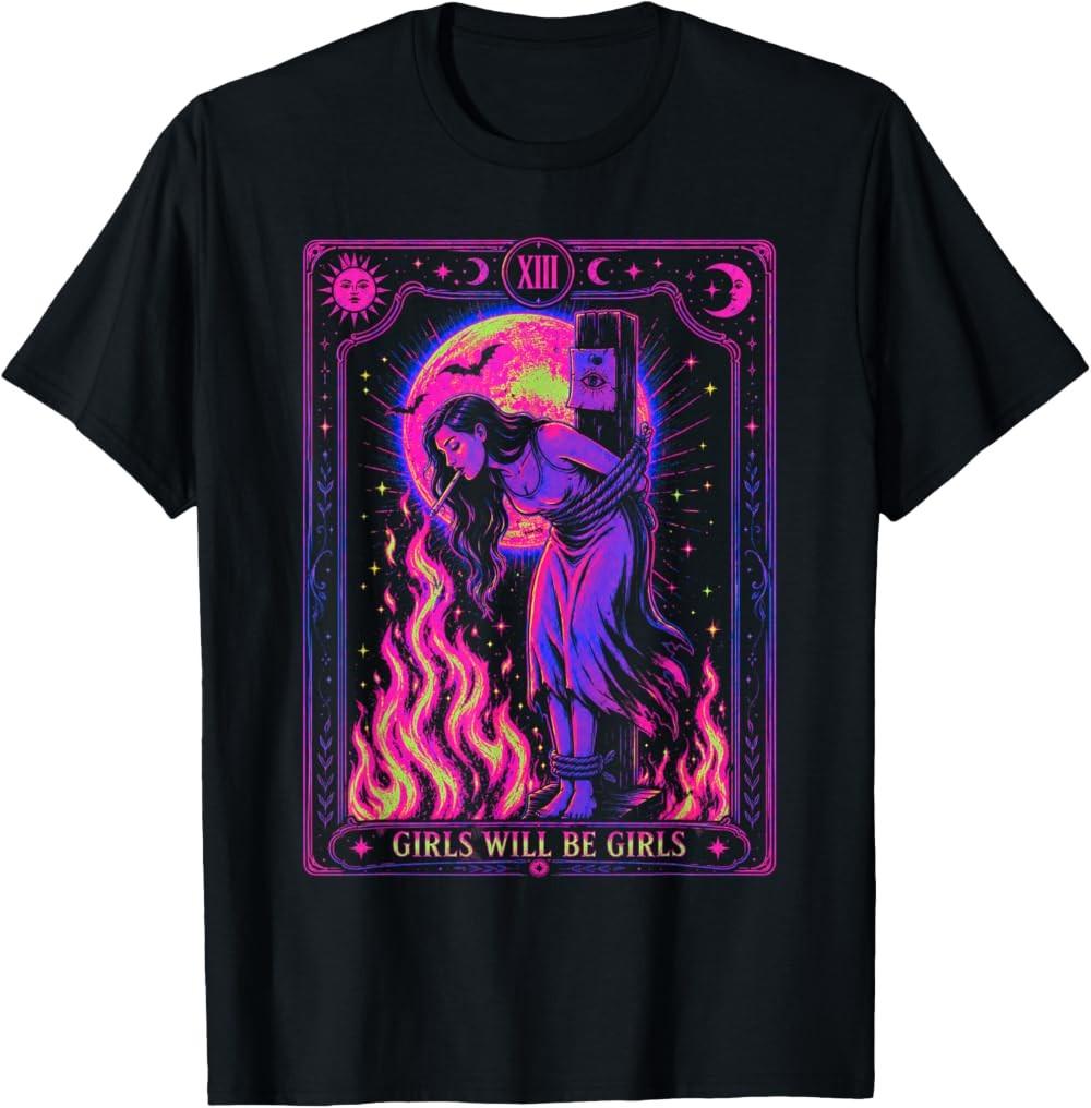 Girls Will Be Girls Gothic Tarot Witch Fire Retro Printed T-Shirt