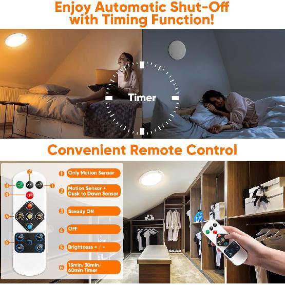 Rechargeable Motion Sensor Ceiling Light, Battery Operated Closet Light | Wireless Battery Powered LED Shower Light, Magnetic Cordless Ceiling Light