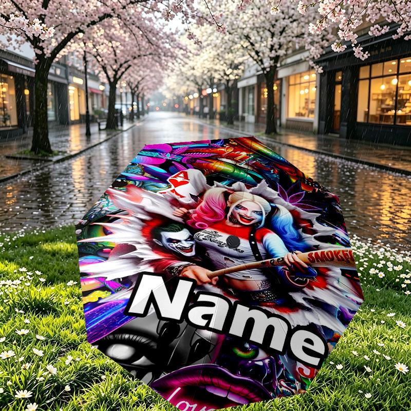 Custom Name Personalized Harley Quinn Joker Print Umbrella, Auto Open Close, 8‑Rib Sturdy Frame, Commute Camping Hiking Use, Birthday Gift