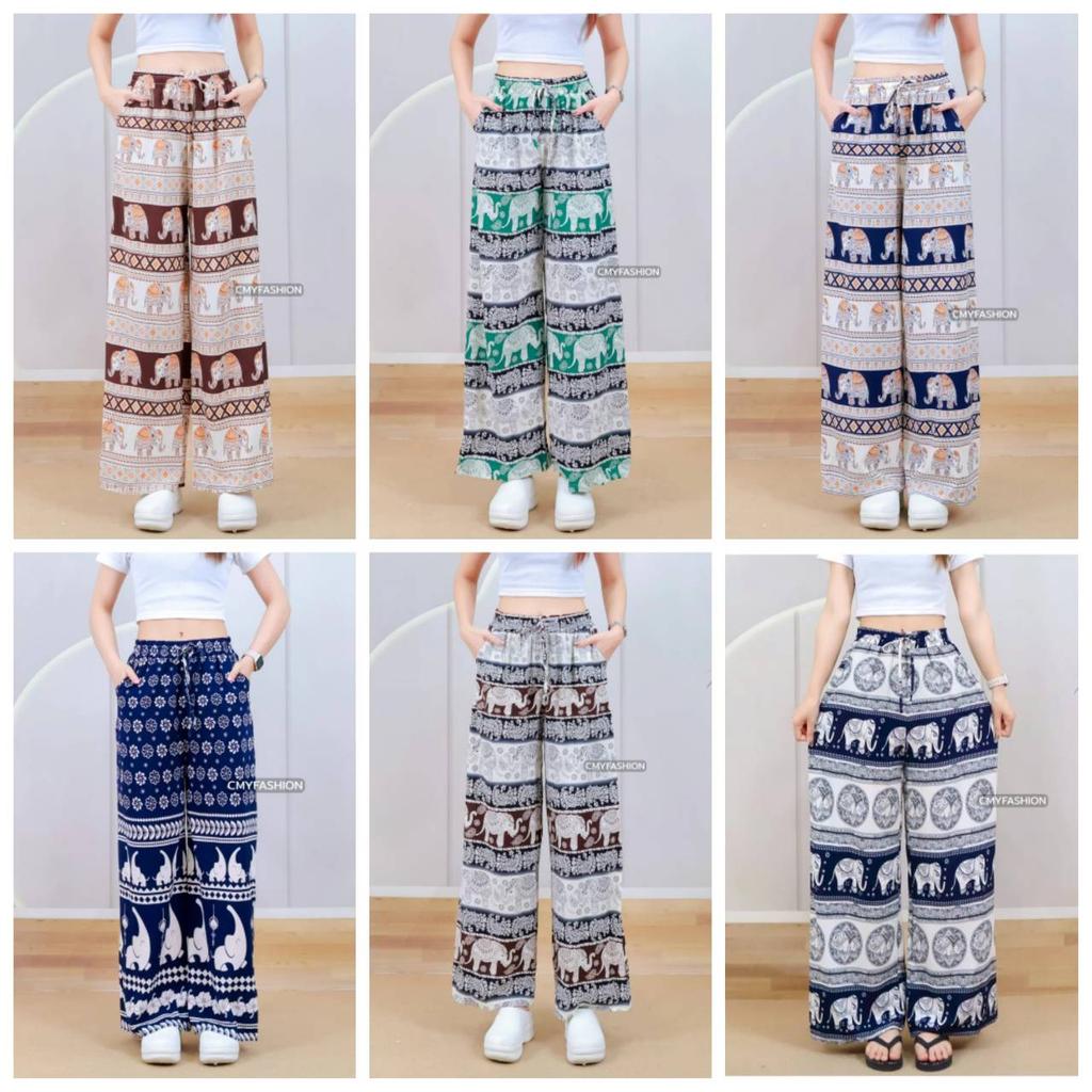 Длинные брюки-слоны Регулируемая эластичная высокая талия Веревка Женские Мужские Унисекс Принт Таиланд Повседневная уличная одежда Пляж Бохо Ретро Винтаж