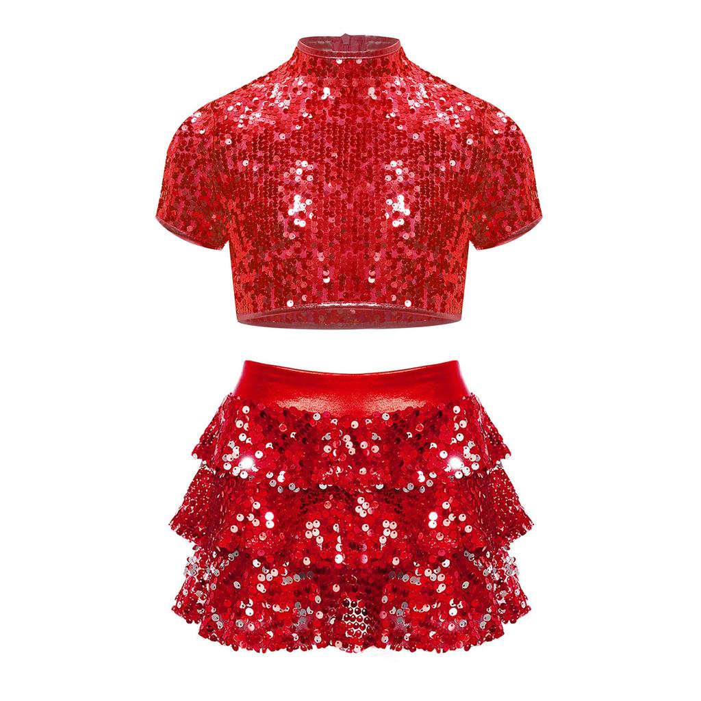 Костюм для чирлидинга для девочек, топ-кроп с коротким рукавом и воротником-стойкой, расшитый блестящими пайетками, шорты с многоярусной юбкой-рюшем