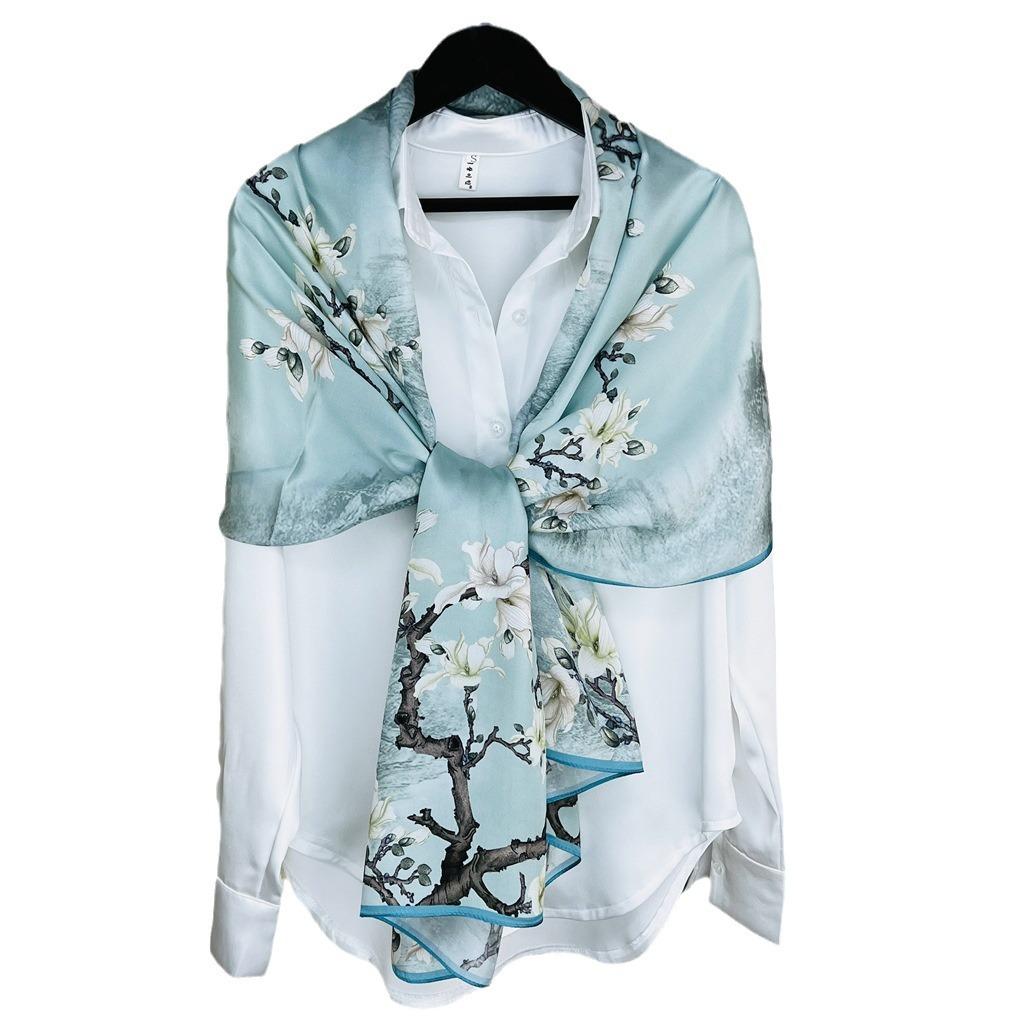Magnolia Silk Crepe Satin Long Silk Scarf Women'S Spring Summer Temperament Versatile Decorative Mulberry Silk Scarf Shawl