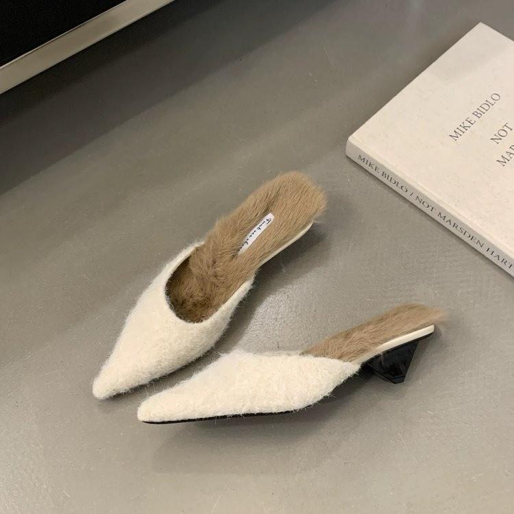 Роскошные меховые тапочки женские остроносые мюли обувь дизайнерские меховые шлепанцы платье низкий каблук 2025 зимняя мода замша хлопок Botas Mujer