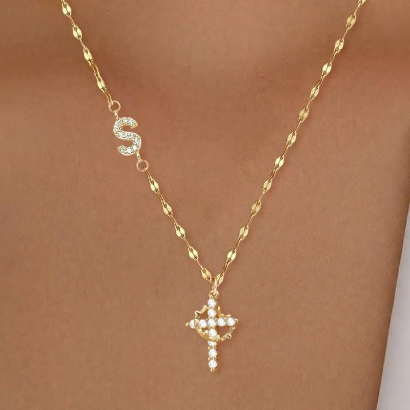 Cross Shape Letter Necklace Women Gold Plated Copper Pendant Versatile Fashion Jewelry