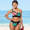 Women's Shoulder Strap Swimsuit Emerald Green Leaves Print Bikini Tankini Swimsuit